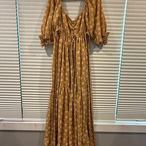 Floral Mustard Maxi flutter Dress (Free size S-XL)